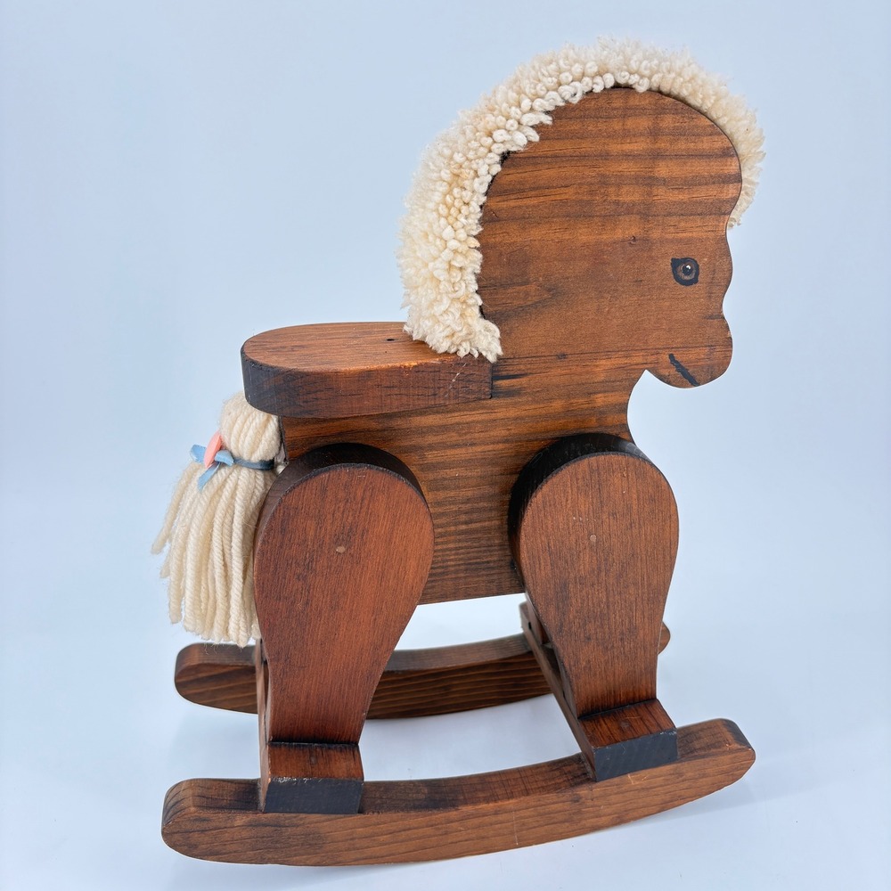 Vintage Handcrafted Wooden Rocking Horse Figurine Yarn Mane Heart Detail